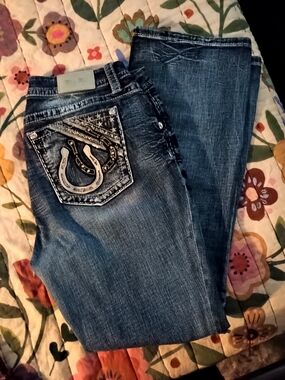 Miss Me Medium Blue Bootcut Jeans with Embroidered Horseshoe Pocket